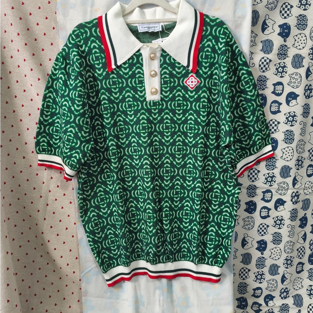 Casablanca Green Patterned Short-Sleeve Polo Knit Top with Ivory Collar